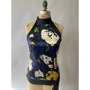 Cache Womens Navy Floral Satin Halter Neck Blouse Side Tie Keyhole Back Top